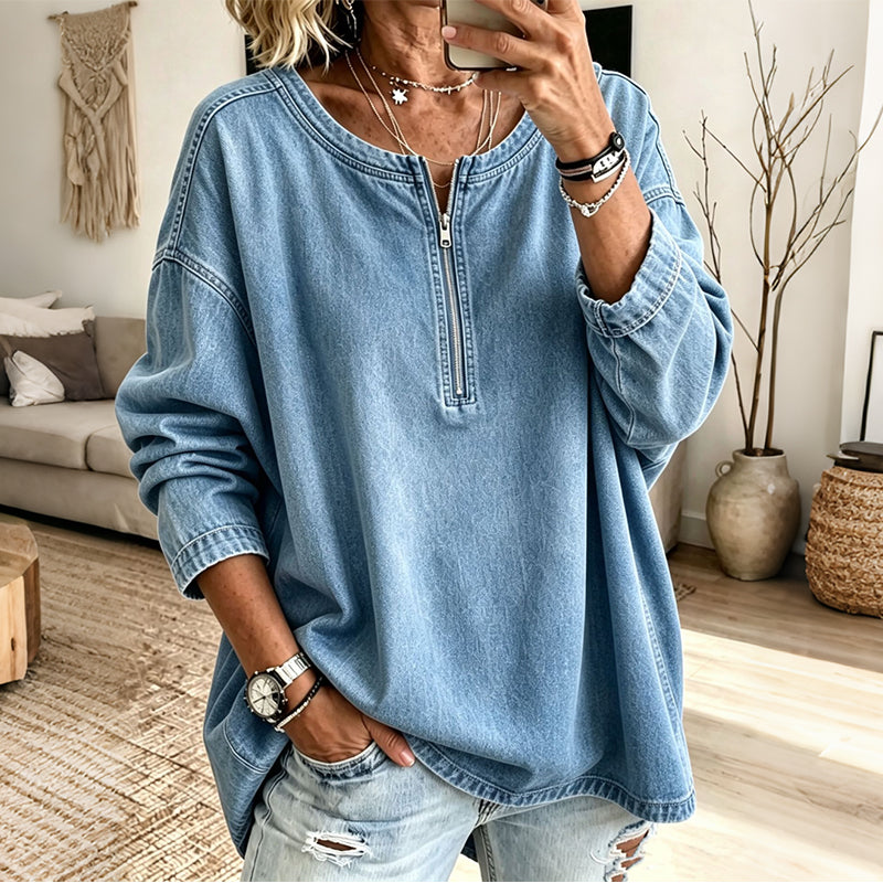 Women's Long Sleeve Half-Zip Denim Pullover-10