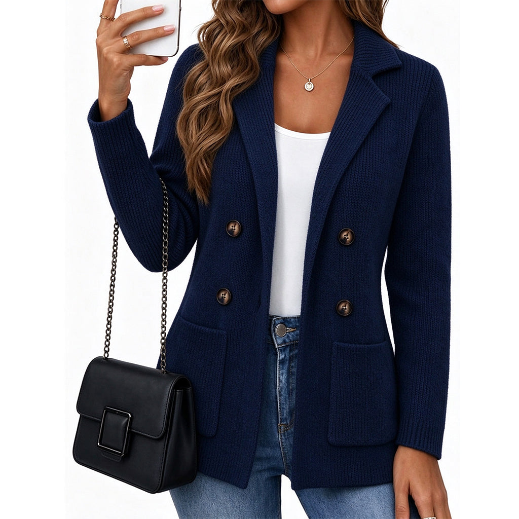 Premium Double-Breasted Knit Blazer, Elegant Ribbed Knit Jacket for Women, Casual-Formal Outerwear for the Office and Home