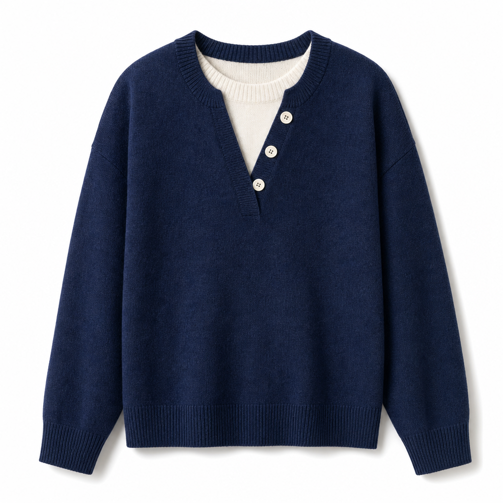 Casual Mock Two Piece V Neck Knit Sweater with Button Details