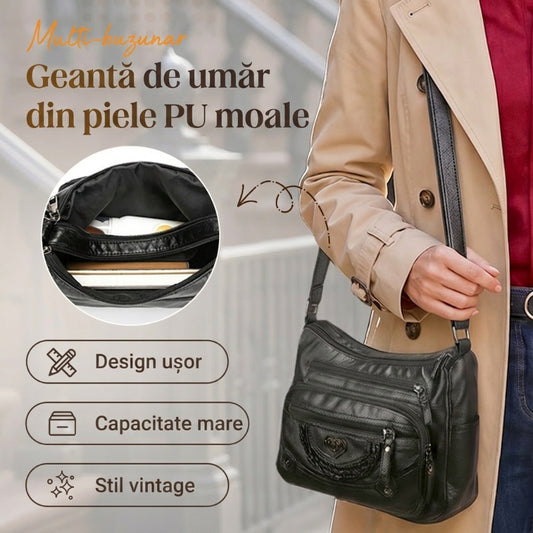 ⏳🔥REDUCERE DE 50% ！! 👜🎈Geantă de umăr moale din piele PU, prevăzută cu mai multe buzunare🔥