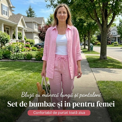 🔥Bluză cu mânecă lungă din bumbac și lenjerie pentru femei și set de pantaloni