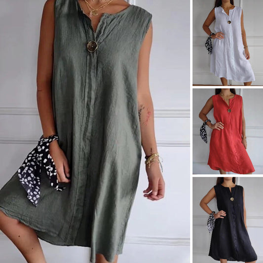 👗 Rochie fără mâneci din bumbac și in cu decolteu în V
