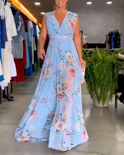 Rochie elegantă fără mâneci cu imprimeu floral și decolteu ascuțit