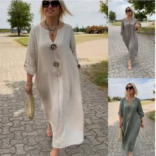 👗Rochie cu decolteu în V din bumbac și in