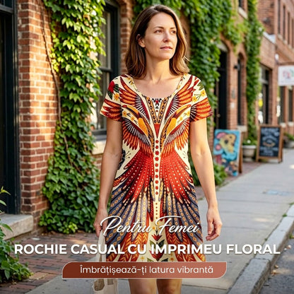 Rochie cu mânecă scurtă cu flori pentru femei
