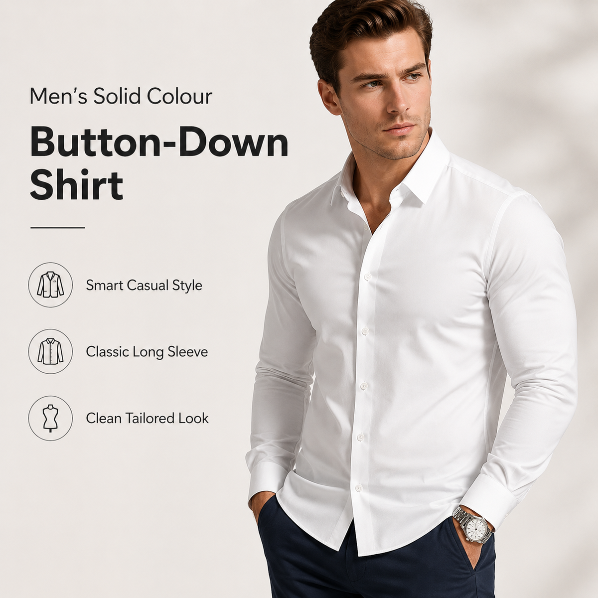 ⏰Men's Solid Color Lapel Long Sleeve Button-Down Shirts-1