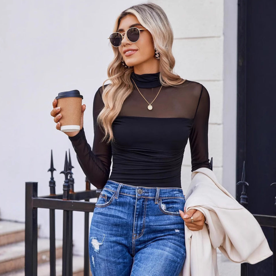 💃Last Day Sales -50% OFF🎉Women's Sparkle Mesh Sheer Long Sleeve Ruched Top