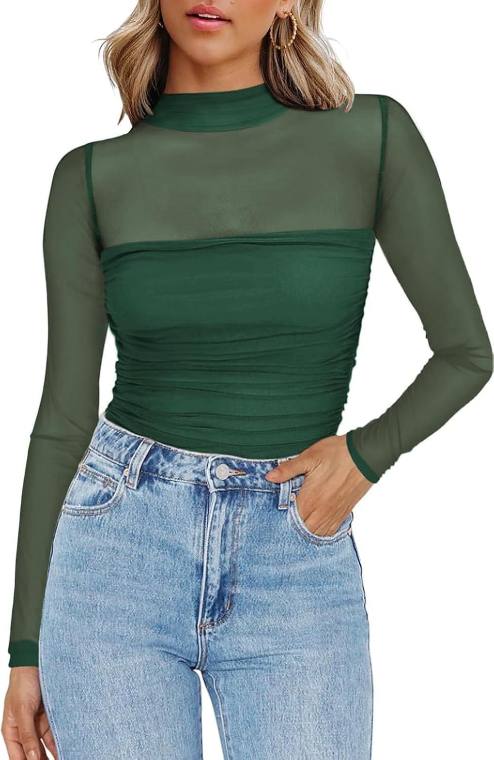 💃Last Day Sales -50% OFF🎉Women's Sparkle Mesh Sheer Long Sleeve Ruched Top