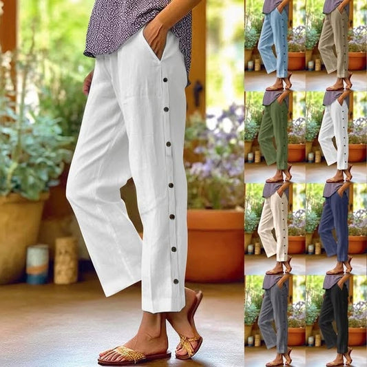 👖Pantaloni lejeri din bumbac in, cu nasturi laterali – stil casual, monocrom