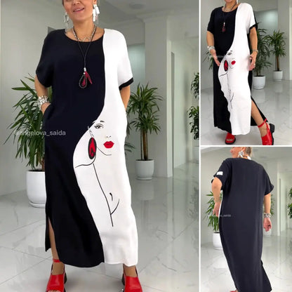 Rochie drăguță alb-negru cu imprimare abstractă a feței