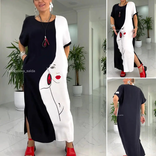 Rochie drăguță alb-negru cu imprimare abstractă a feței