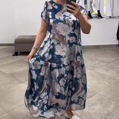 🌸Rochie florală cu mânecă scurtă, cu gât rotund, lejeră🌟