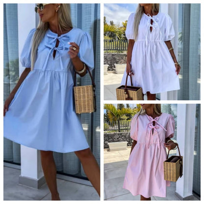 💕 Clasic și confortabil: Rochie cu mânecă bufantă de culoare solidă de culoare trendy pentru femei Bow Tie Front