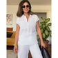 Set elegant din 2 piese, cămașă cu mânecă scurtă din in și bumbac și pantaloni cu picior lat