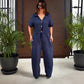 Femeii Solid Lapel buton în jos cordon Jumpsuits