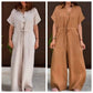 Femeii Solid Lapel buton în jos cordon Jumpsuits