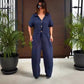 Femeii Solid Lapel buton în jos cordon Jumpsuits
