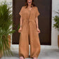 Femeii Solid Lapel buton în jos cordon Jumpsuits