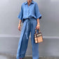 Culoare solidă Lapel Top Drawstring pantaloni 2 Piece Set
