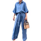 Culoare solidă Lapel Top Drawstring pantaloni 2 Piece Set