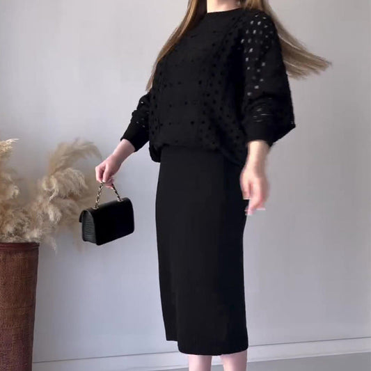 📦Set tricot Openwork cu mânecă lungă și rochie fără mâneci
