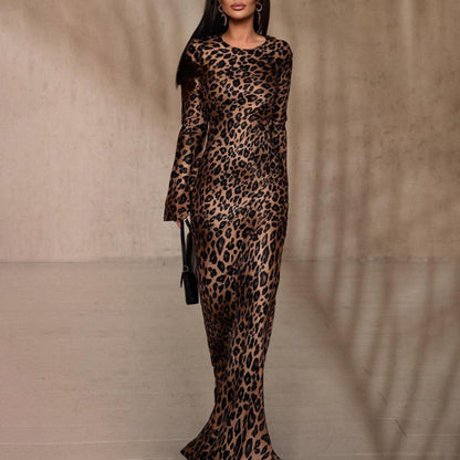 Rochie sexy leopard pentru femei cu gât rotund și mâneci foarte lungi