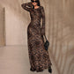 Rochie sexy leopard pentru femei cu gât rotund și mâneci foarte lungi