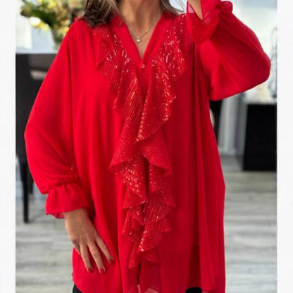Camasa cu maneca lunga sifon V-Neck pentru femei