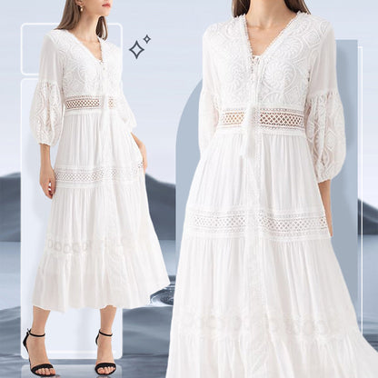 Boho V-Neck Rochie midi albă