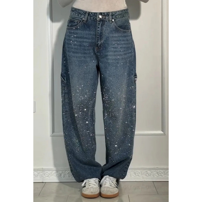 👖Rhinestone Blugi drepți și largi pentru femei💎
