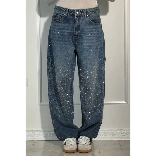 👖Rhinestone Blugi drepți și largi pentru femei💎