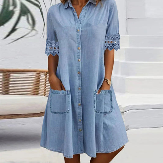🥰Rochie mini din denim albastră, simplă, cu guler și dantelă decorativă🌹