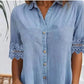 🥰Rochie mini din denim albastră, simplă, cu guler și dantelă decorativă🌹