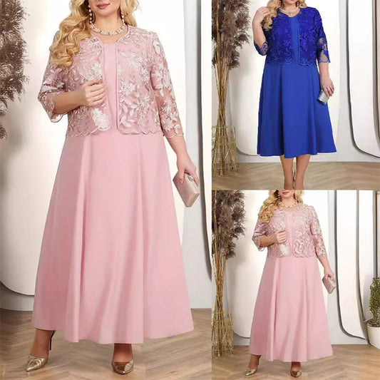 ✨Rochie de culoare solidă pentru femei cu set de jachetă brodată cu dantelă