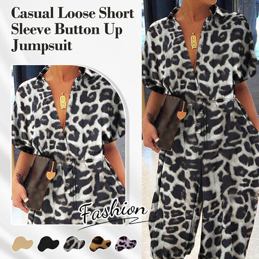 Femeii Casual vrac cu mânecă scurtă buton Up Jumpsuit