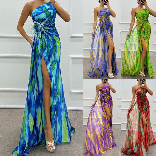 💐  Rochia Vibrant One-Shoulder High-Slit pentru femei 💃