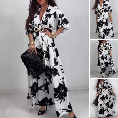Rochie maxi elegantă imprimată cu decolteu în V pentru femei
