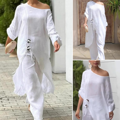 Femei moda culoare solidă Slant umăr lung Top & pantaloni două piese Set