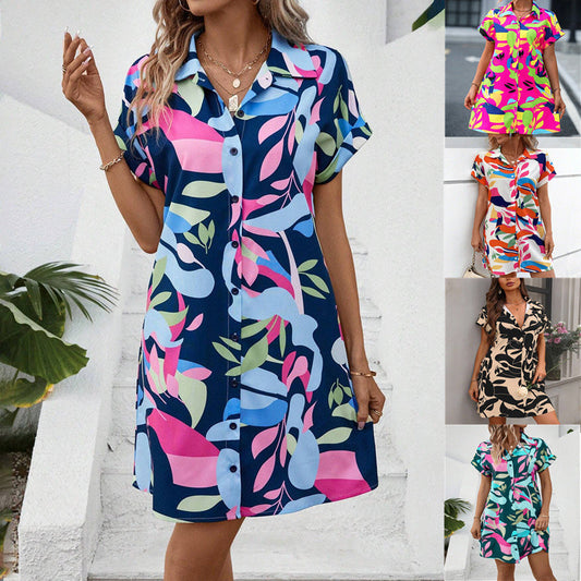 Moda florale de imprimare cu mânecă scurtă Shirt Dress