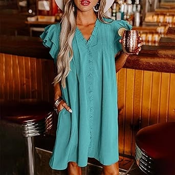 Rochie plisată Casual V-Neck Ruffle pentru femei