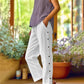 👖Pantaloni lejeri din bumbac in, cu nasturi laterali – stil casual, monocrom