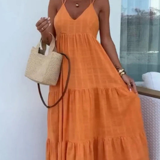 Femei Trendy V gât Spaghete curea Tiered Maxi rochie