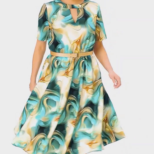 🌿Rochie elegantă cu mânecă scurtă și cu curea pentru femei cu imprimare trendy🌸