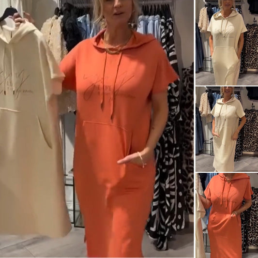 🔥Rochie lungă solidă cu glugă și mâneci scurte pentru femei
