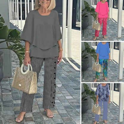 🌸Femeii Casual gât rotund jumătate maneca Top imprimate pantaloni Set