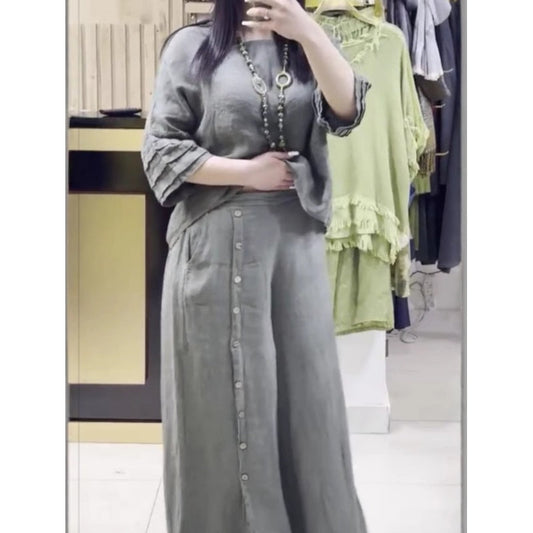 Femeii Casual Seven Sleeve Top Loose butonul în jos pantaloni două piese Set