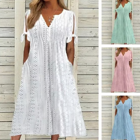 ✨【M-3XL】👗Femei Elegant V-Neck Hollow-Out rochie solidă🔥