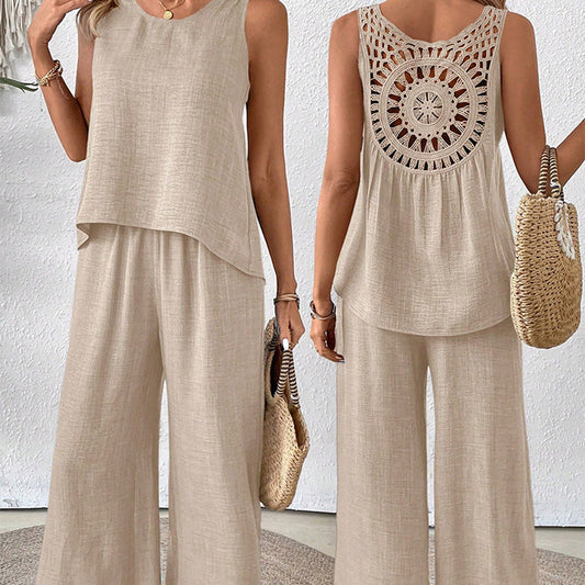 ✨【S-2XL】🌸Set top fără mâneci și pantaloni cu picioare largi🥰