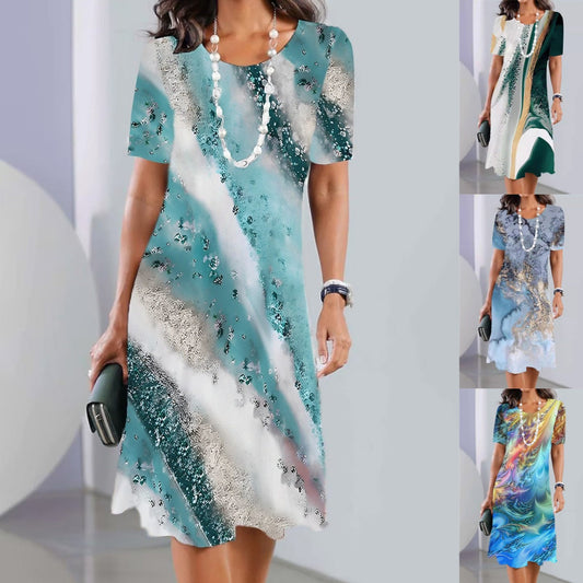 Rochie de gât rotund imprimată casual pentru femei