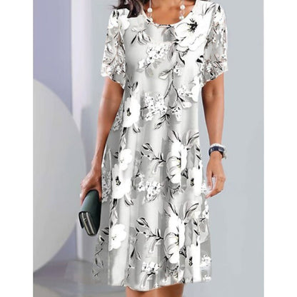🌹 Rochie elegantă cu decolteu rotund și imprimeu floral lejer cu mâneci scurte